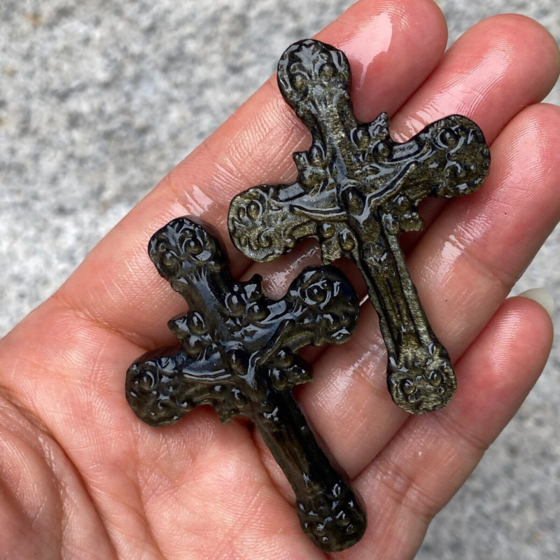 TOP Natural gold Obsidian Quartz cross crystal Hand Carved Healing 1PC