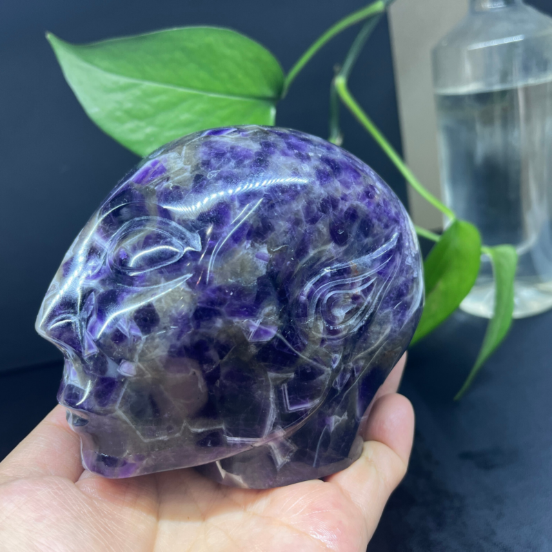 2.71LB Natural dream amethyst aliens Quartz Carved Crystal Skull Reiki Gem Decor