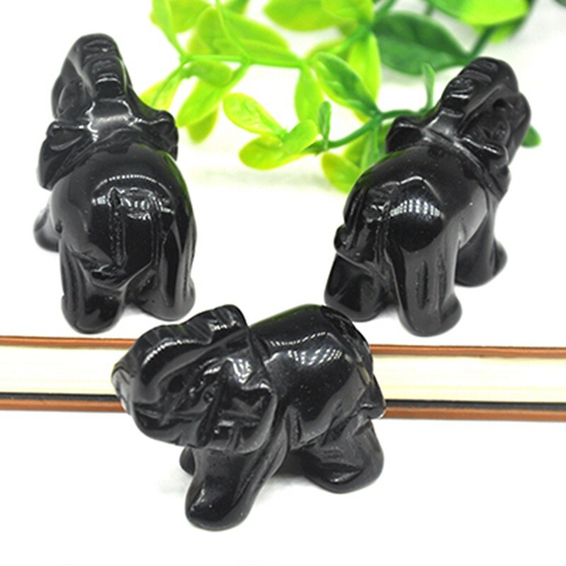 Natural Obsidian Quartz Crystal Carved Baby Elephant Polished Animal Ornaments