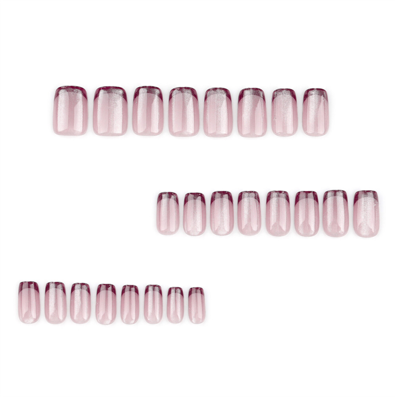 Square Short Press-On False Nail Nude Color Cat&apos;s Eye Red French Manicure 24pcs