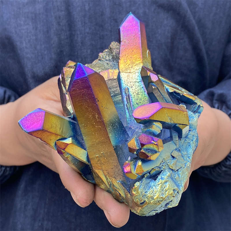 520g Electroplate Rainbow cluster quartz crystal mineral specimen reiki healing