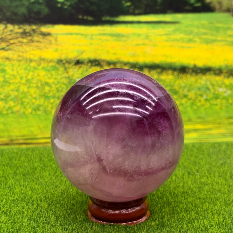 395G Natural Fluorite ball Colorful Quartz Crystal Gemstone Healing + Stand