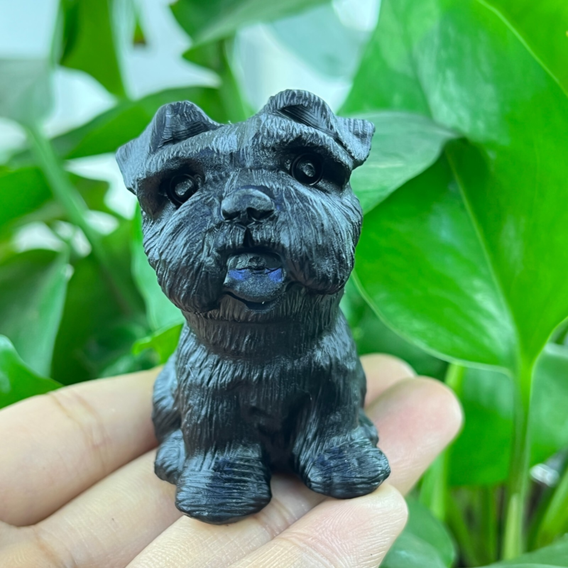1pc Natural obsidian Schnauzer dog hand carved quartz crystal animal skull 2"