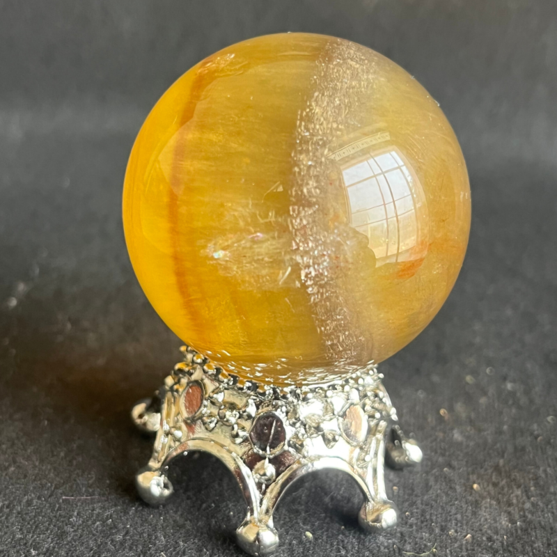 209G  Natural yellow fluorite quartz crystal ball sphere healing+stand