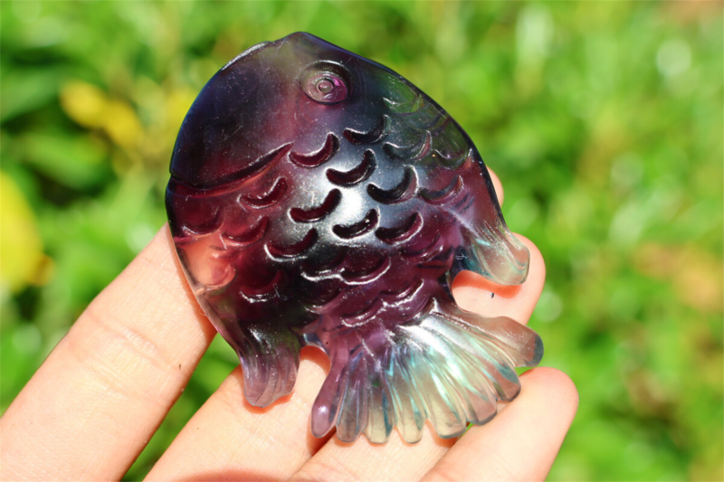 2.4+" Carved Natural Rainbow Fluorite Fish Reiki Crystal Skull Crystal Gifts 1PC