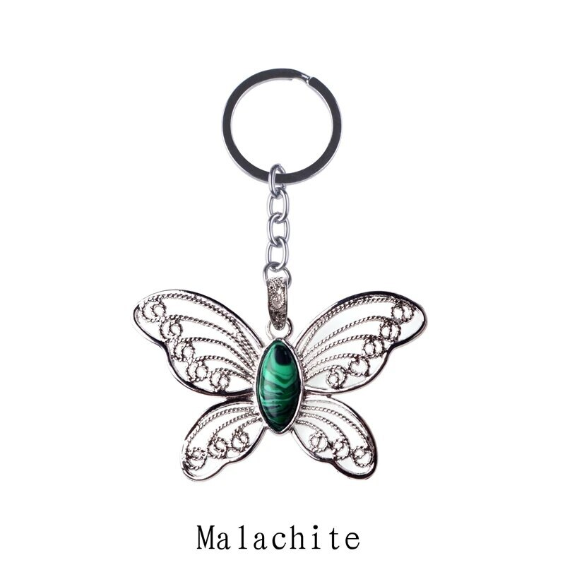Healing Natural Stone Stainless Steel Butterfly Pendant Keychain for Women Men