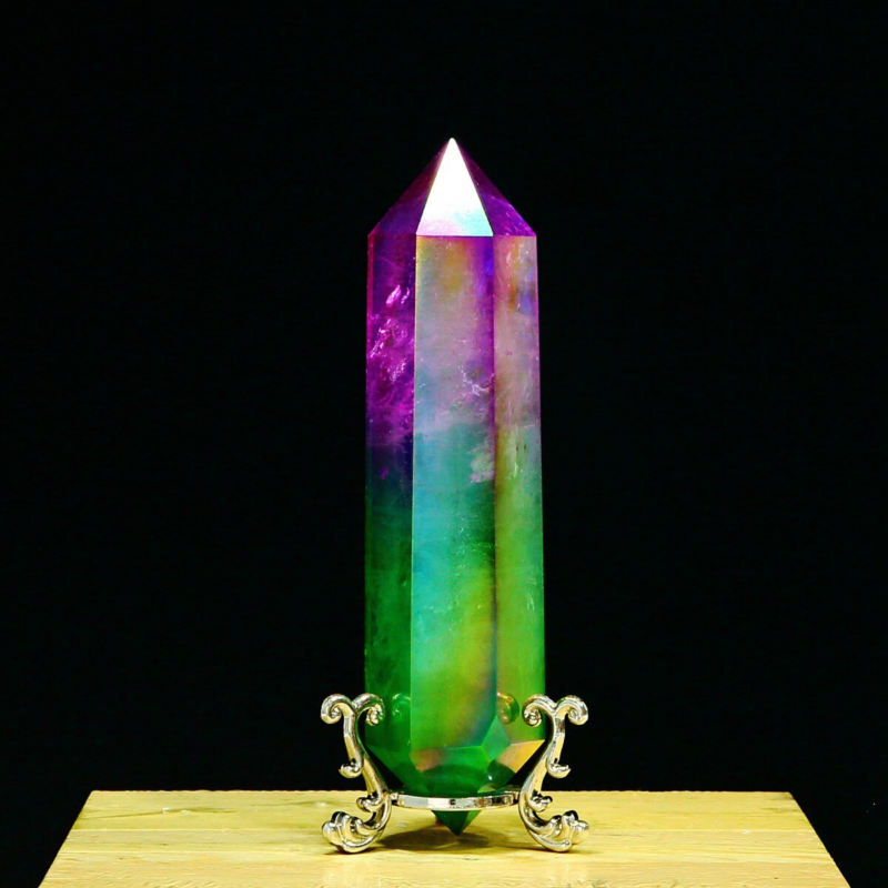 243g Natural Crystal Electroplated Rainbow Quartz Tower Double Wand Point Reiki