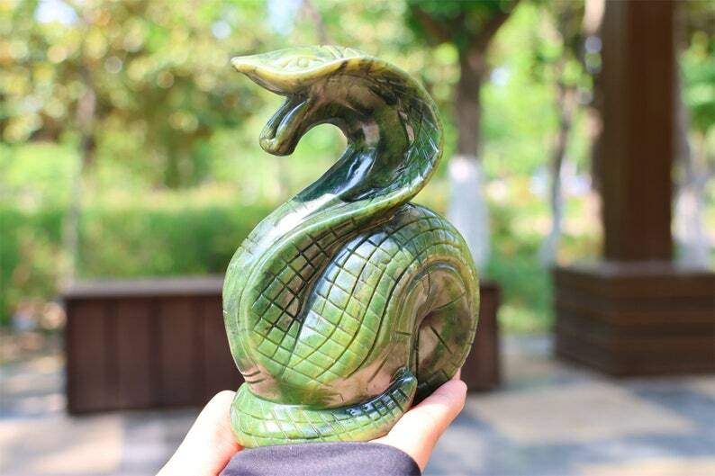 5.4" Natural Jade Carved Snake Crystal Skull Home Decor Reiki Figurine gift 1PC