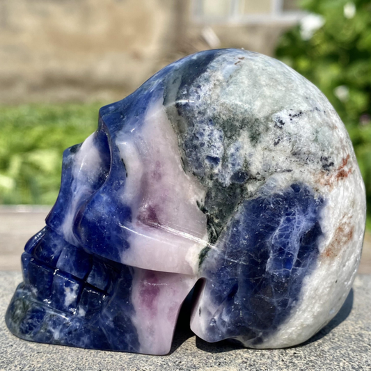 343G Natural Blue stripe quartz hand Carved skull crystal healing