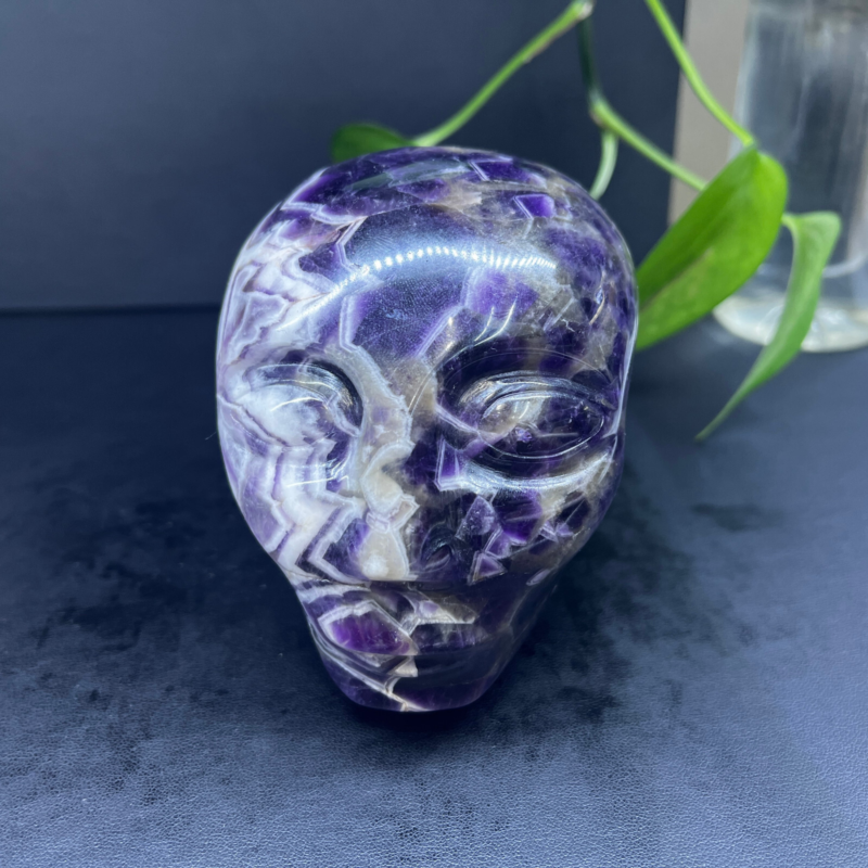 2.71LB Natural dream amethyst aliens Quartz Carved Crystal Skull Reiki Gem Decor