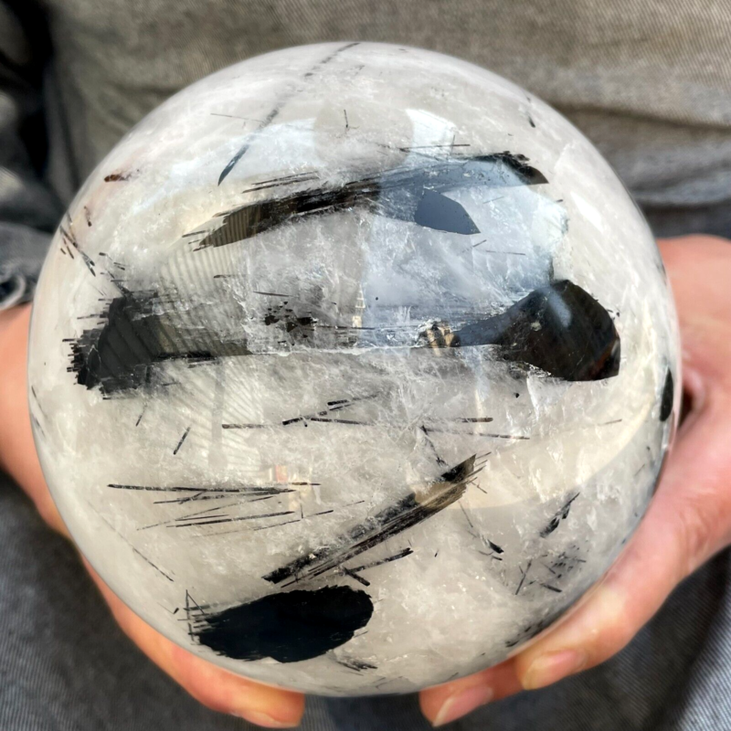 7.81 Pound Top! Natural Black Tourmaline Quartz Ball Carved Crystal Ball Repair