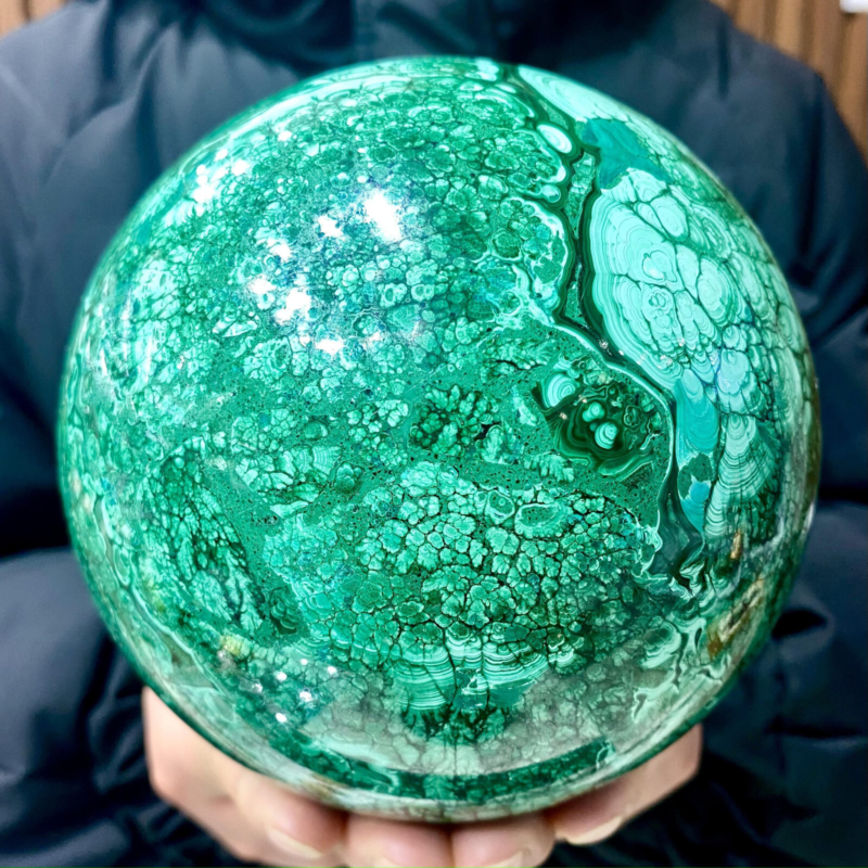 8.68LB Rare Natural Malachite quartz hand Carved sphere Crystal Healing