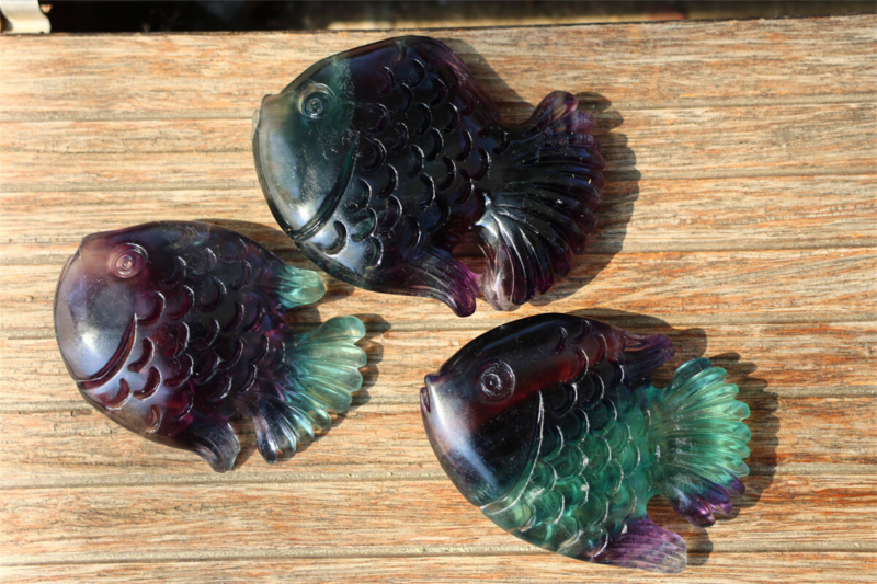 2.4+" Carved Natural Rainbow Fluorite Fish Reiki Crystal Skull Crystal Gifts 1PC