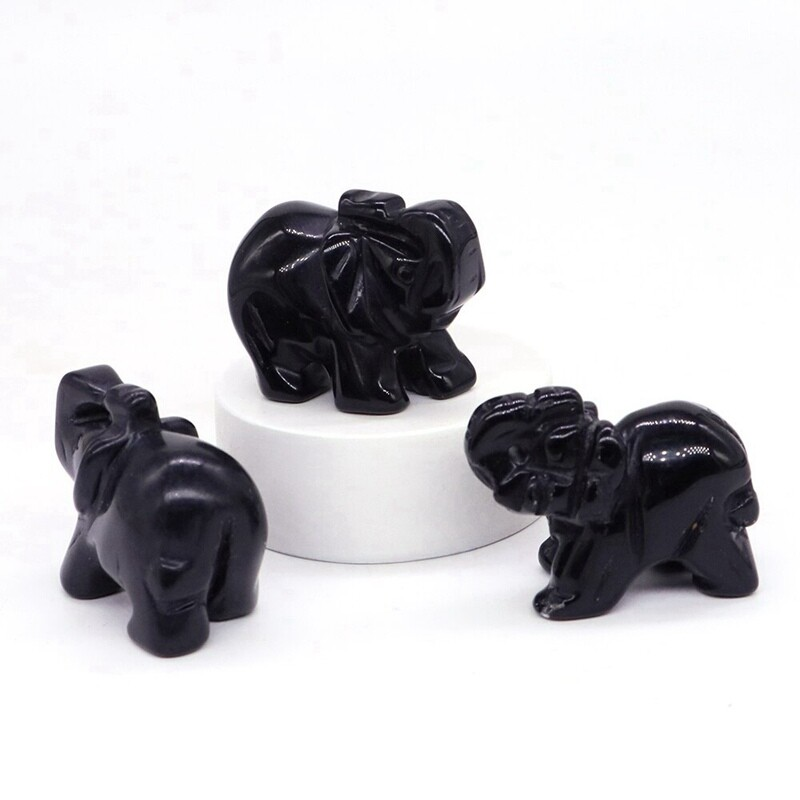 Natural Obsidian Quartz Crystal Carved Baby Elephant Polished Animal Ornaments