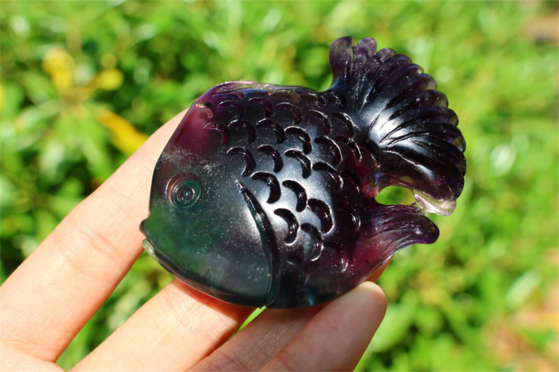 2.4+" Carved Natural Rainbow Fluorite Fish Reiki Crystal Skull Crystal Gifts 1PC