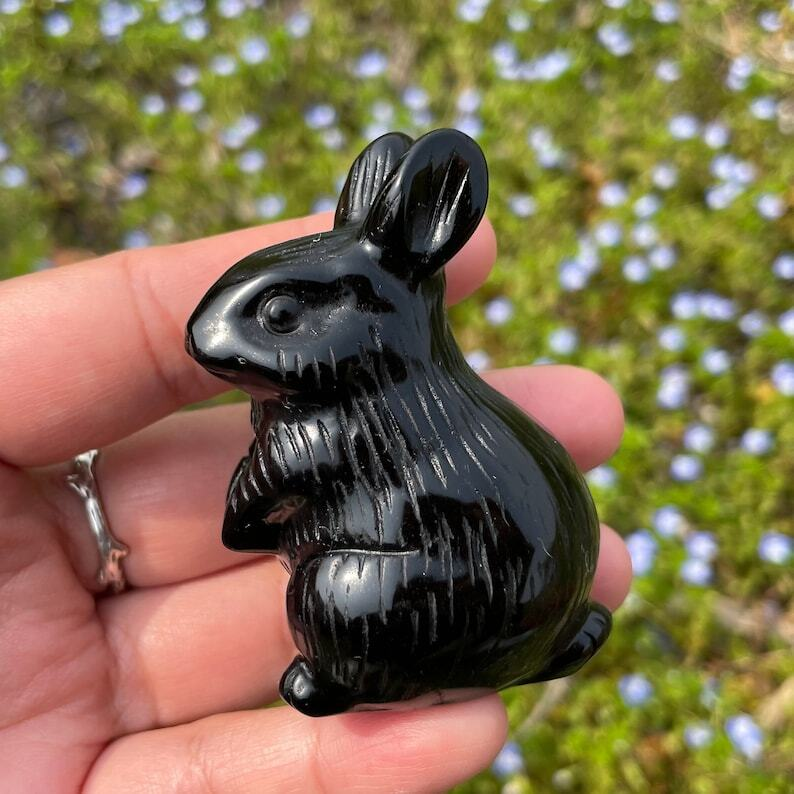 Natural Obsidian Rabbit Polishing Carved Crystal Animal Decoration Reiki Heal