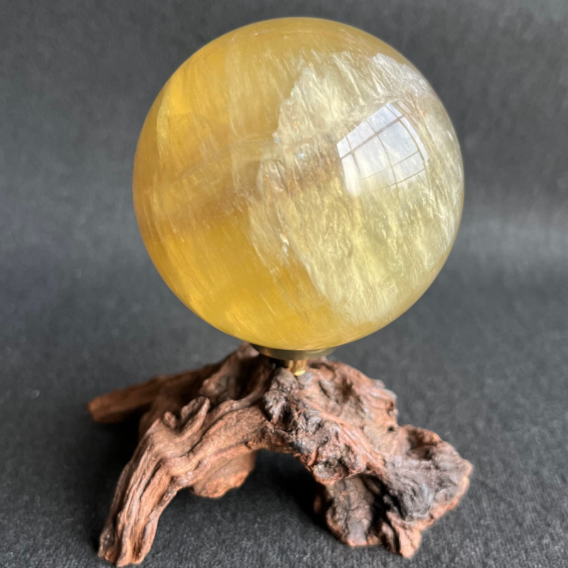 299G  Natural yellow fluorite quartz crystal ball sphere healing + Stand