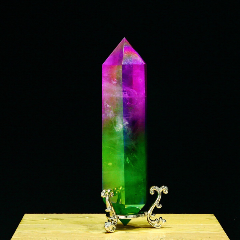 243g Natural Crystal Electroplated Rainbow Quartz Tower Double Wand Point Reiki