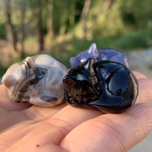 3pc Natural Mix Quartz Carved Sleep Cat Skull Crystal Reiki Healing Gift Random