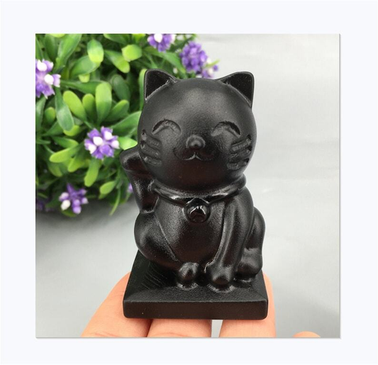 1pc Natural Obsidian Quartz Crystal Cat Hand Carved Animal Decoration Reiki Heal
