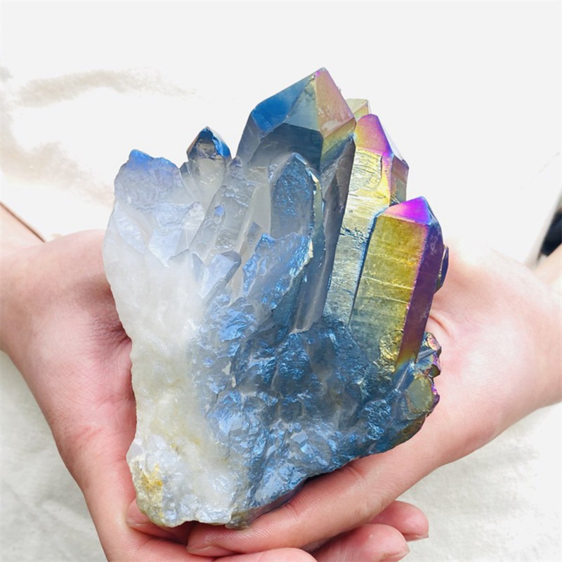 970gColor Flame Aura Electroplate Quartz Crystal Cluster Specimen Healing Stone