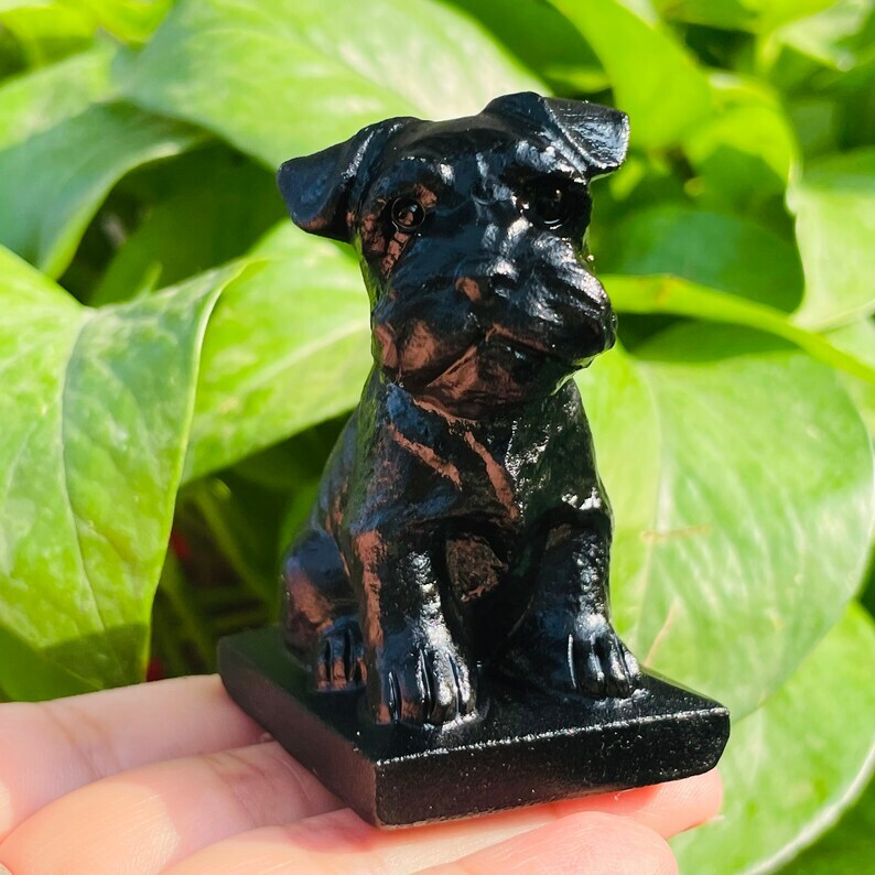1pc Natural Obsidian Schnauzer Hand Carved Crystal Animal Decoration Reiki Heal