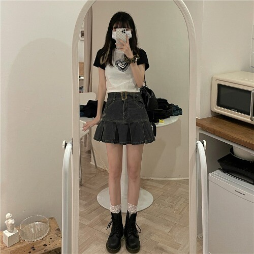 Kawaii Girl Hot sweet DenimSkirt Pleated Casual High Waist  A Word Short Skirt