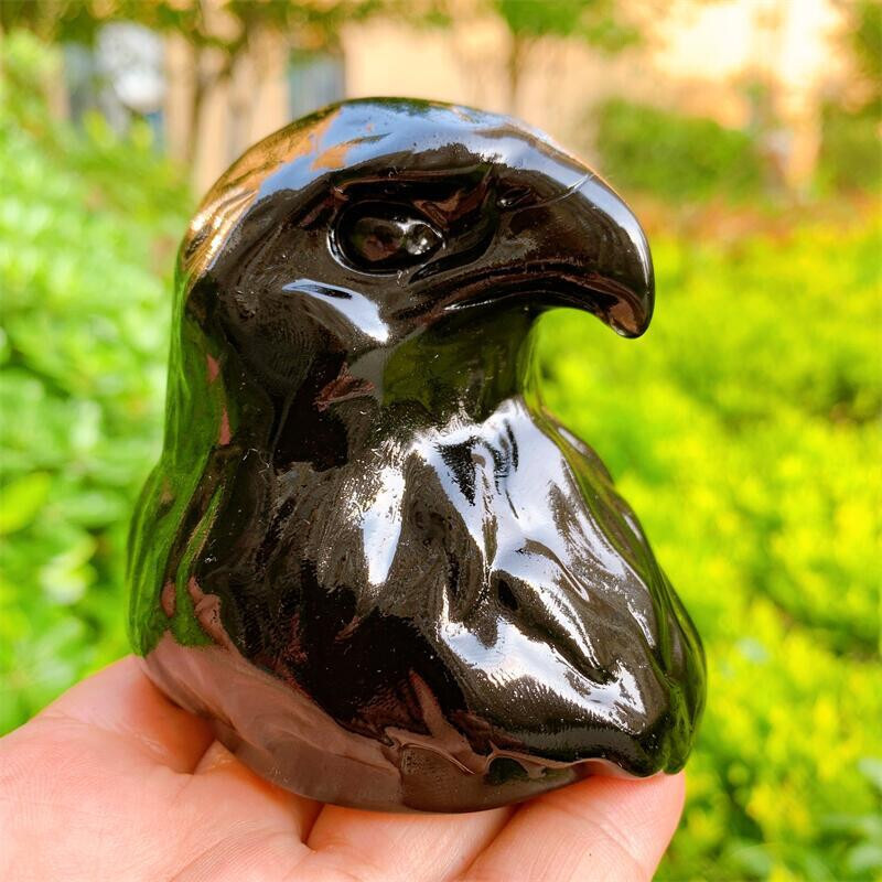 8cm Natural Crystal Quartz Black Obsidian Eagle Head Animal Carving Healing 1pc