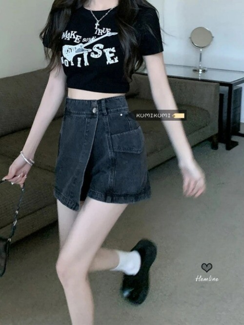 Kawaii Girl Hot sweet DenimSkirt Pleated Casual High Waist  A Word Short Skirt