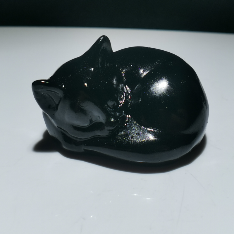 1pcs，Natural Obsidian Quartz Mineral Specimen, Hand-Carved Cat Healing,