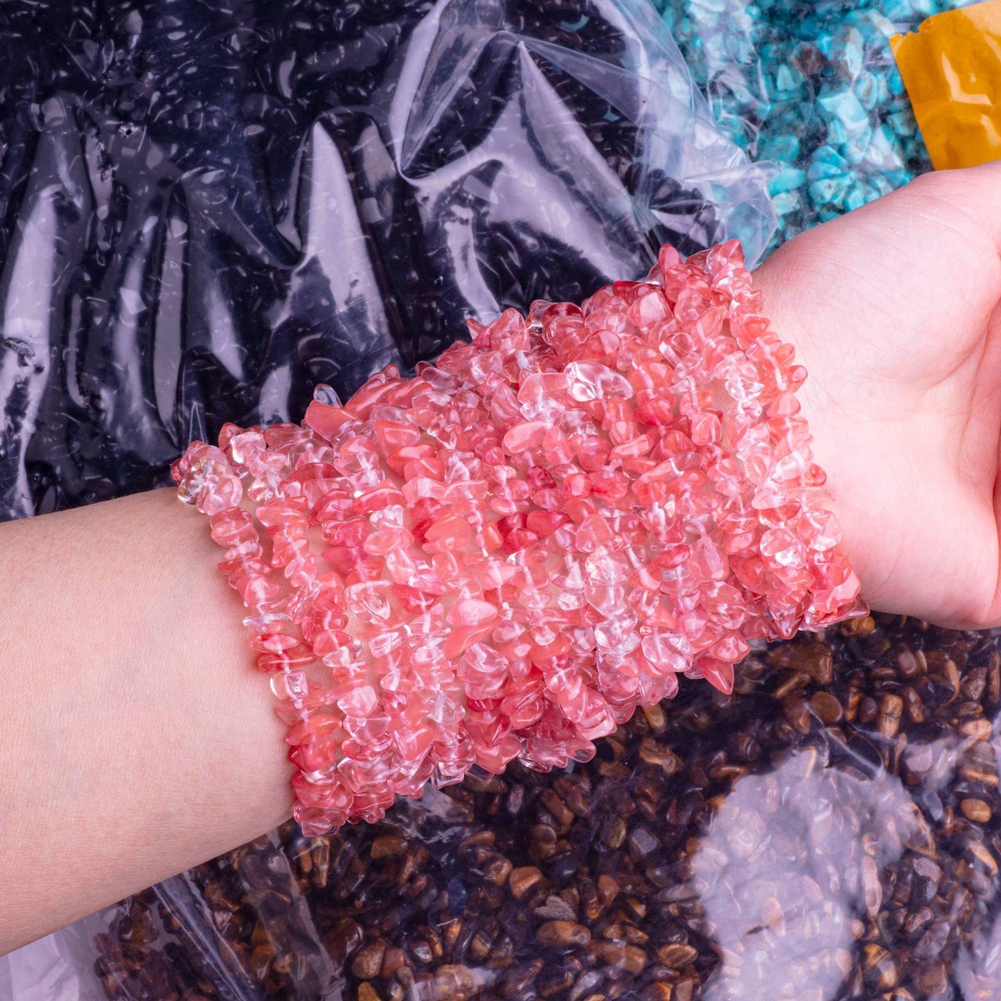 Natural Amethyst Pink Crystal Agate Gravel Bracelet Irregular Bracelet BohemianinsWind Elastic Bracelet