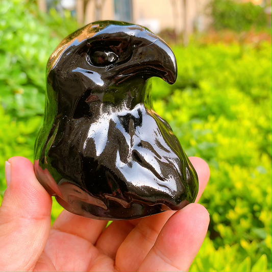 8cm Natural Crystal Quartz Black Obsidian Eagle Head Animal Carving Healing 1pc
