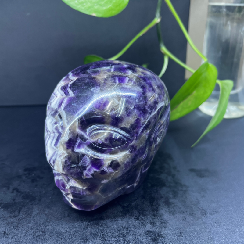 2.71LB Natural dream amethyst aliens Quartz Carved Crystal Skull Reiki Gem Decor