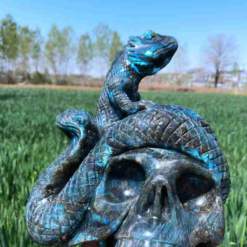 9.12LB Natural Labradorite Lizard hand Carved Skull Quartz Crystal Reiki Gift