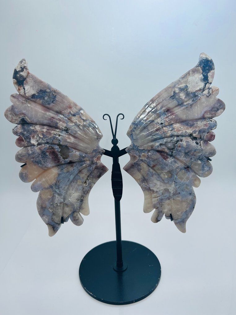 Flower Agate - Butterfly Wings - Decoration Object - Unique - Top Quality Natural Stone - on Stand - Healing Stone - Interior Object - Handwork - Height: 300 mm - Width: 260 mm- 1130 g - (1)