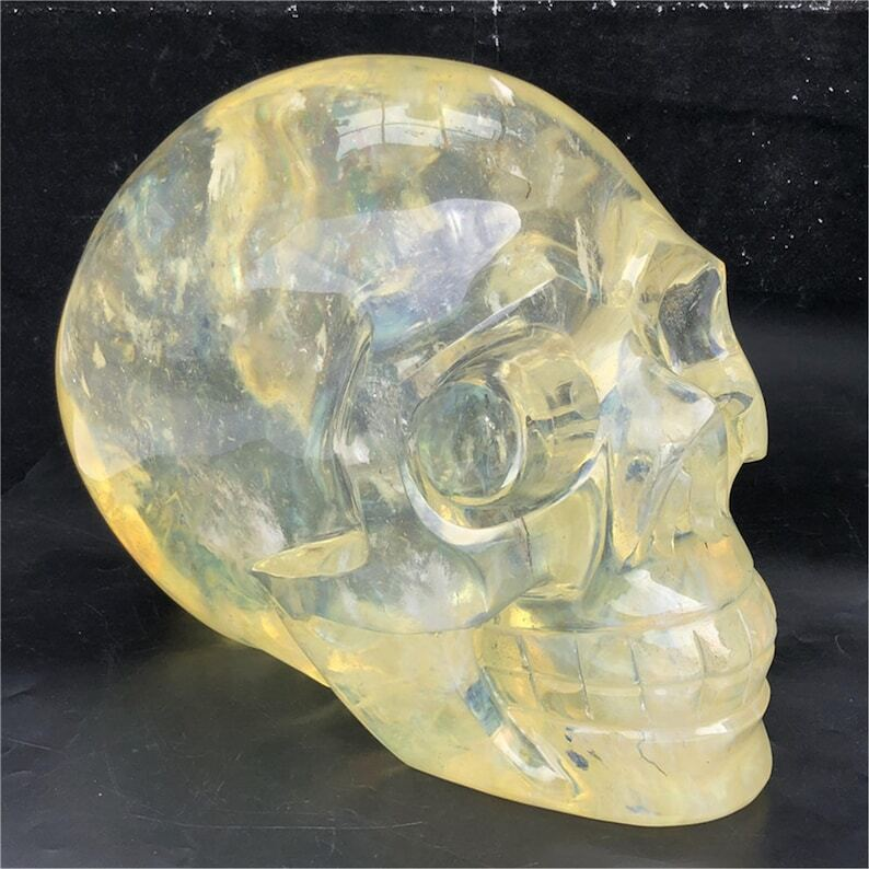 34KG+ Huge Yellow Melting Stone Skull Reiki Heal Crystal Sculpture Gifts Energy