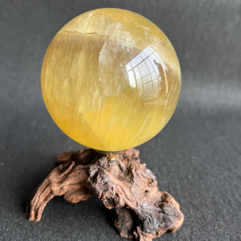 299G  Natural yellow fluorite quartz crystal ball sphere healing + Stand