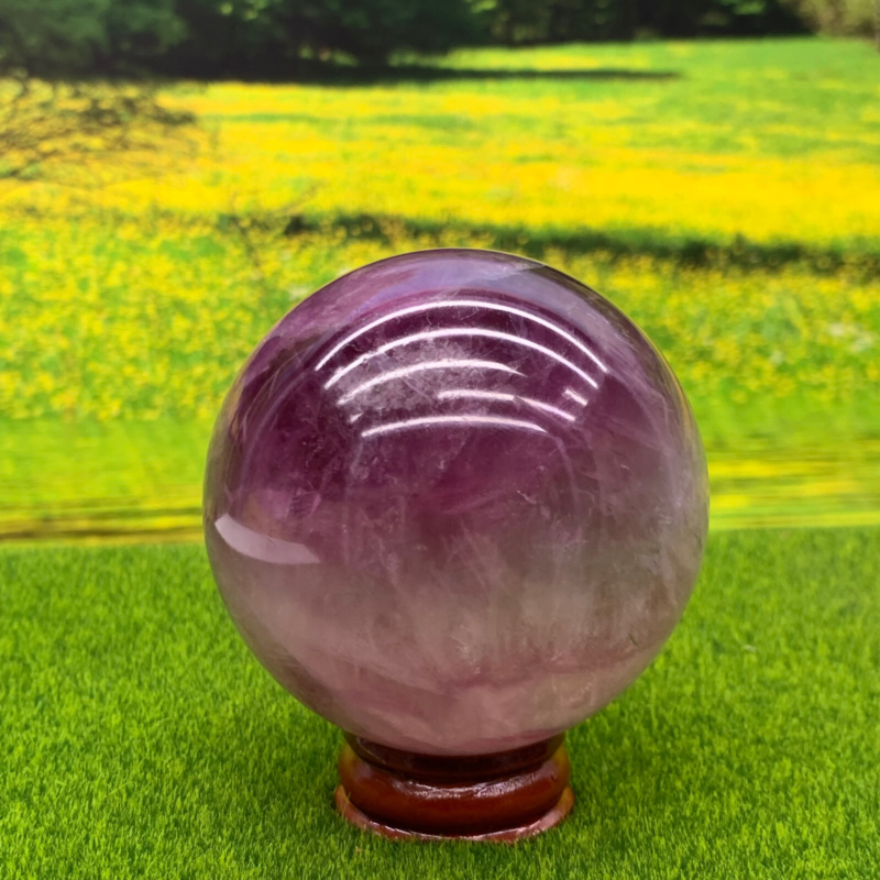 395G Natural Fluorite ball Colorful Quartz Crystal Gemstone Healing + Stand
