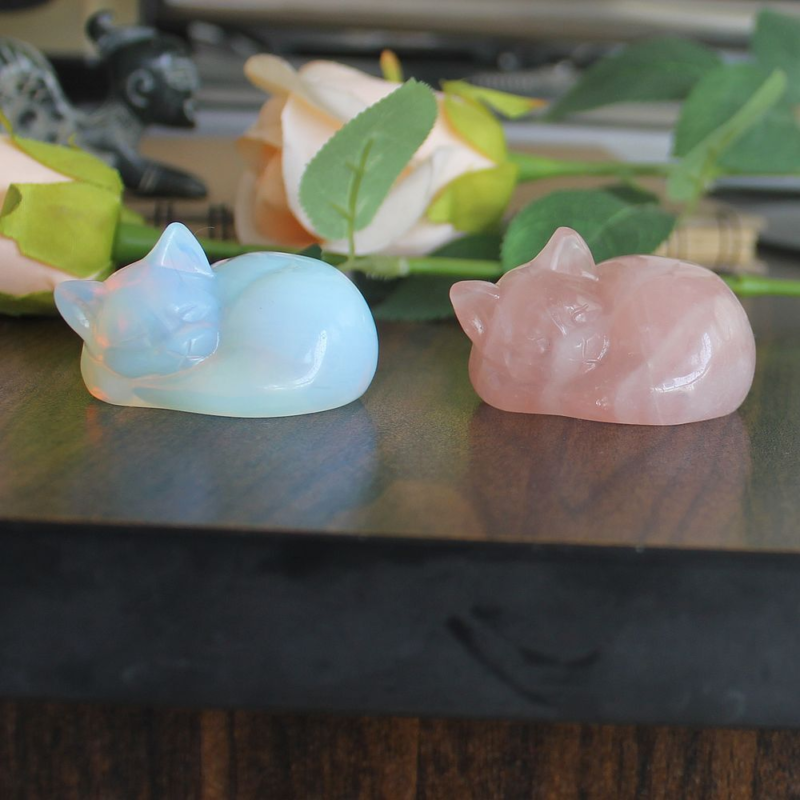Carved crystal gemstone crystal sleeping cat figurine animal statue decor 2&apos;&apos;