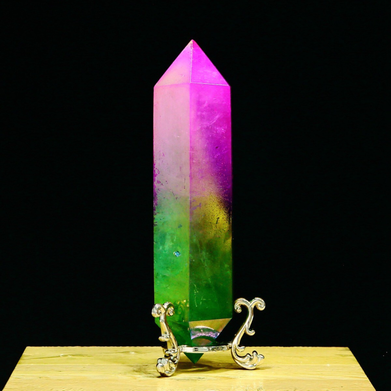 278g Natural Crystal Electroplated Rainbow Quartz Tower Double Wand Point Reiki