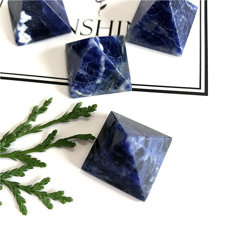Natural Blue Vein Jade Crystal Pyramid Chakra Sodalite Quartz Energy Tower Decor