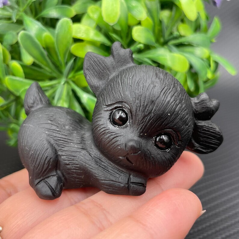 Natural Obsidian Deer Baby Hand Carved Crystal Animal Decoration Reiki Heal gift