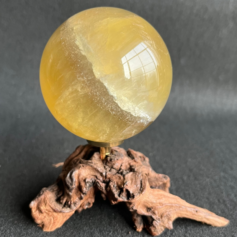 299G  Natural yellow fluorite quartz crystal ball sphere healing + Stand