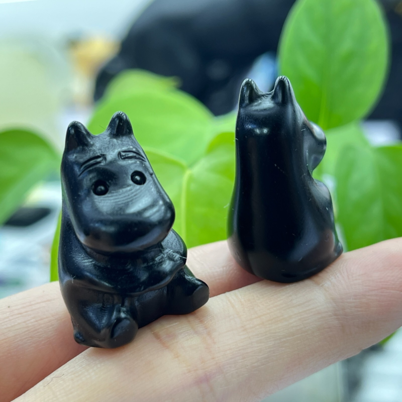 2pc Natural obsidian mini hippo carved quartz crystal animal skull reiki gift