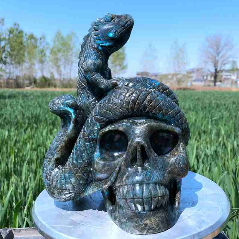 9.12LB Natural Labradorite Lizard hand Carved Skull Quartz Crystal Reiki Gift