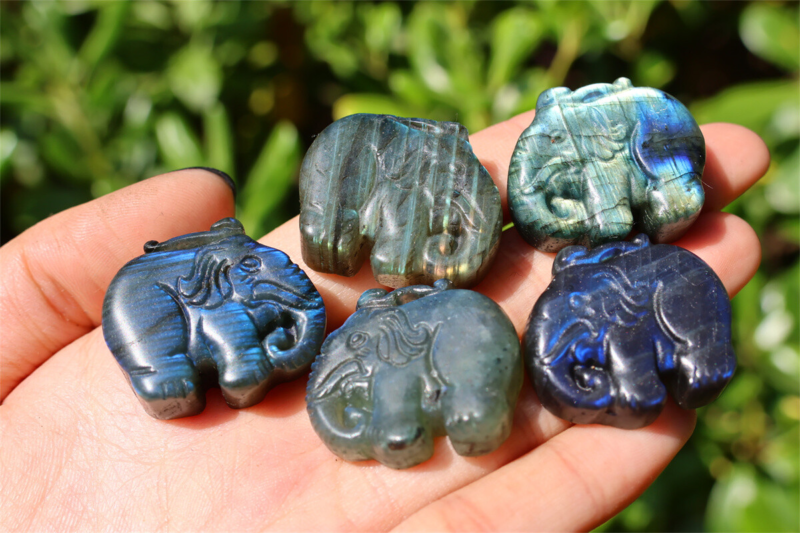 1.1" Carved Natural Labradorite elephant Reiki crystal skull Decor gift 1pc
