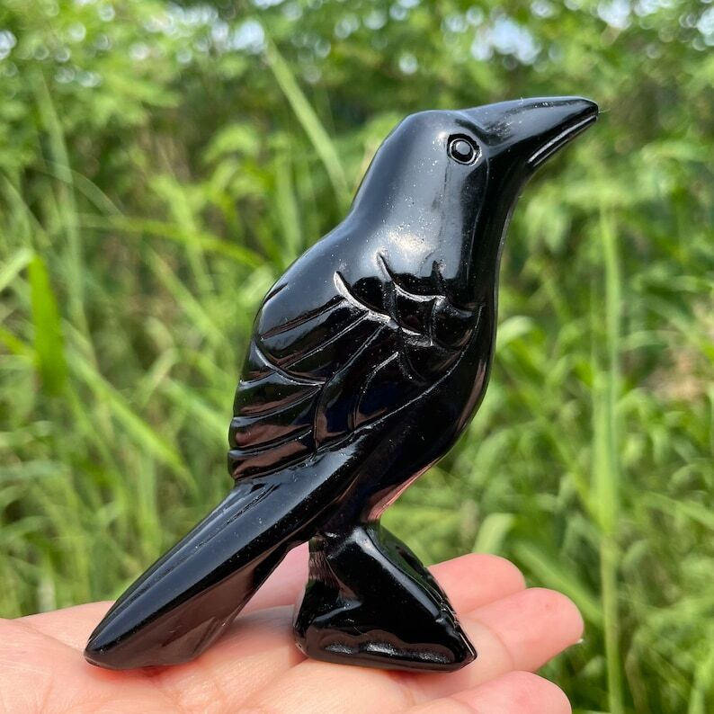 Natural Obsidian Crow Hand Carved Bird Crystal Animal Decoration Reiki Heal Gift