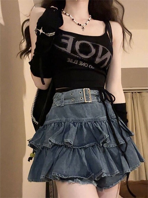 Kawaii Girl Hot sweet DenimSkirt Pleated Casual High Waist  A Word Short Skirt