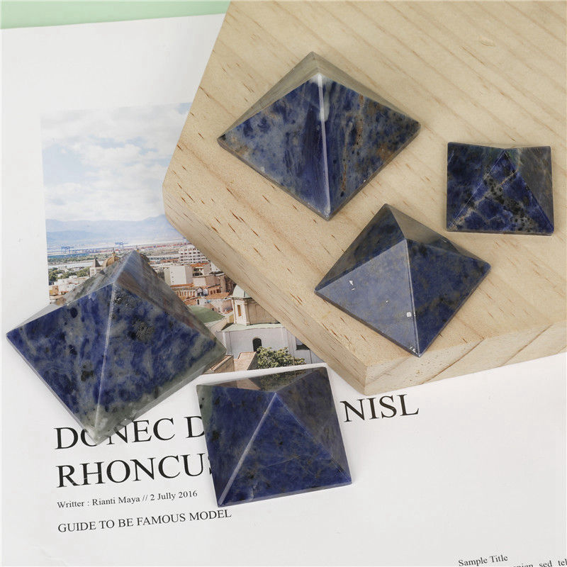 Natural Blue Vein Jade Crystal Pyramid Chakra Sodalite Quartz Energy Tower Decor