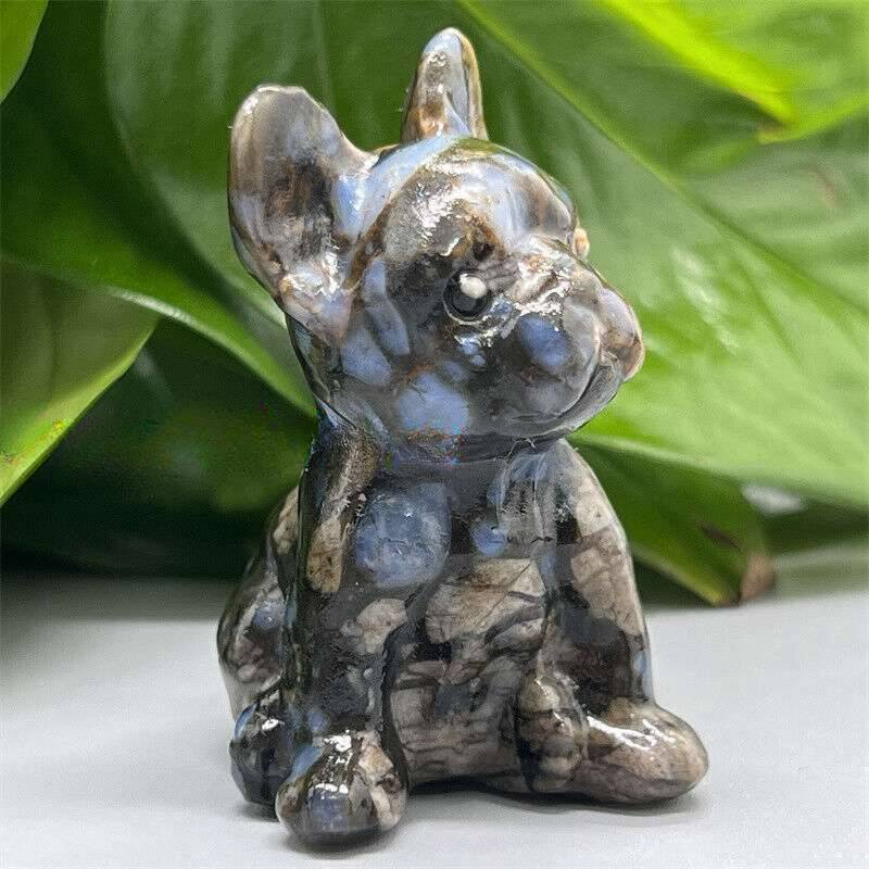 Natural Quartz Crystal Carved Rough Stone French Bulldog Healing Animal Decor